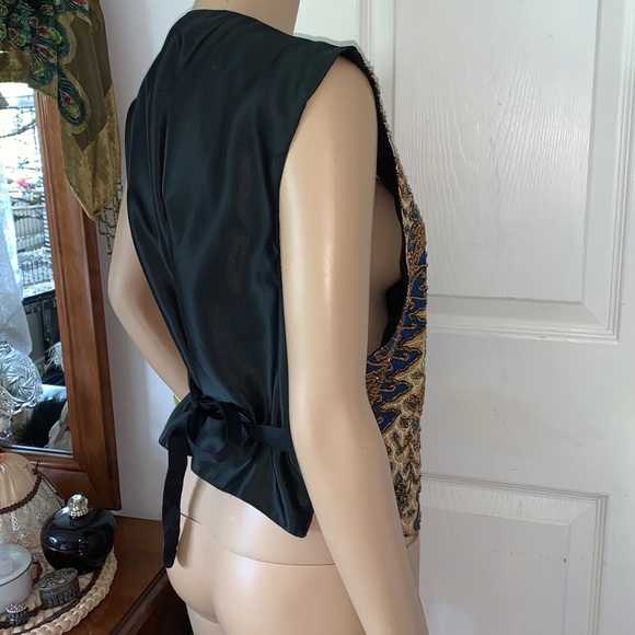 Vintage 80s beaded sleeveless black satin fancy VEST jacket L - Picture 10 of 16